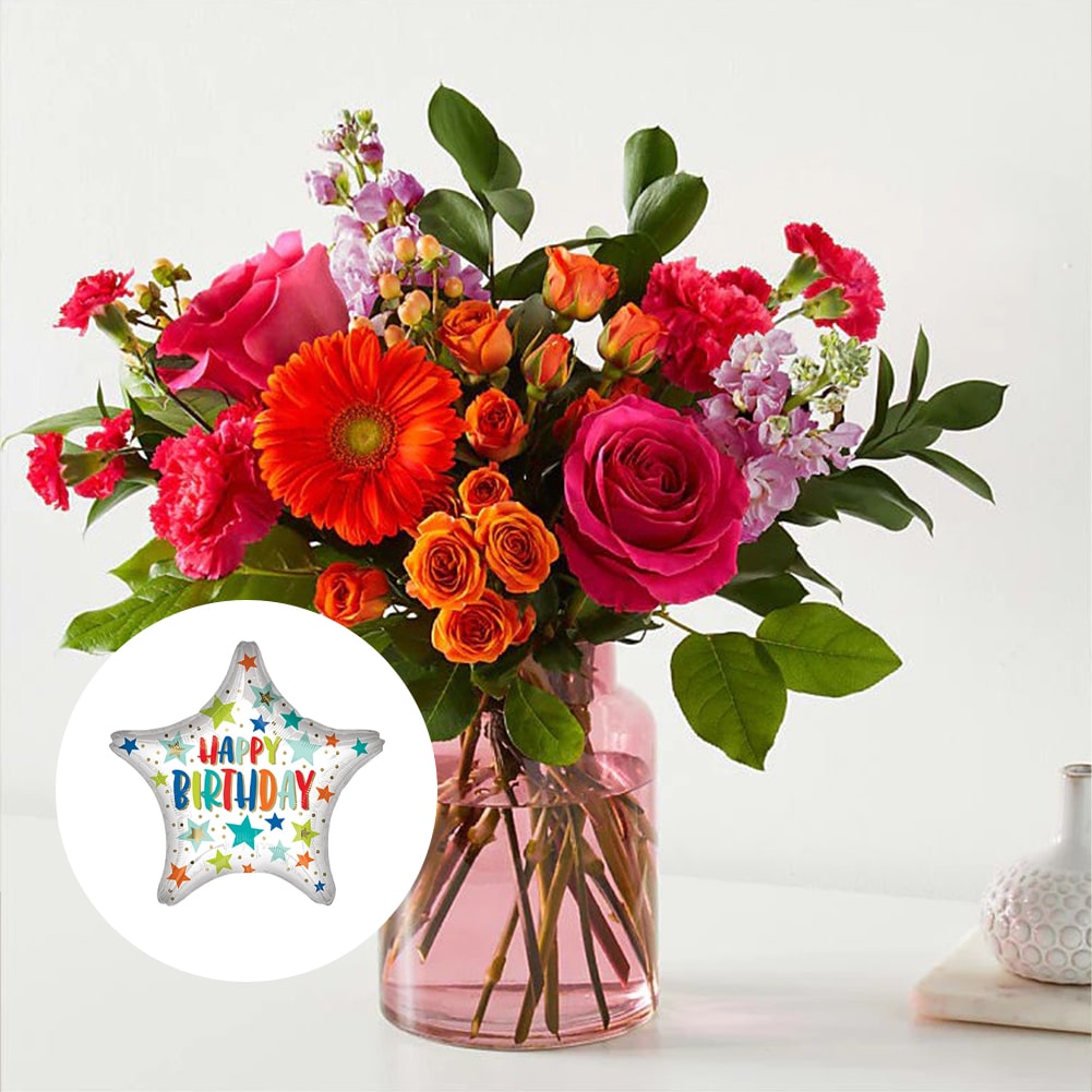 Bouquet Fiesta, Deluxe With Blush Vase + Ballon Star, Su Hermosa Mezcla De Flores Te Garantiza Un Ramo Único Cada Vez. Flores: Margaritas, Claveles, Nuestro Bouquet Fiesta Hará De Tu Ocasión Especial Un Momento Memorable. Flores De Cumpleaños, Margaritas, Claveles, Fresh Flowers Orlando, Florida, Delivery.