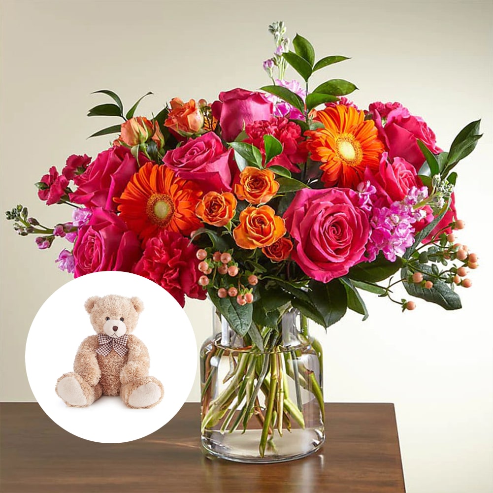 Bouquet Fiesta, Exuberant + Teddy Bear, Su Hermosa Mezcla De Flores Te Garantiza Un Ramo Único Cada Vez. Flores: Margaritas, Claveles, Nuestro Bouquet Fiesta Hará De Tu Ocasión Especial Un Momento Memorable. Flores De Cumpleaños, Margaritas, Claveles, Fresh Flowers Orlando, Florida, Delivery.
