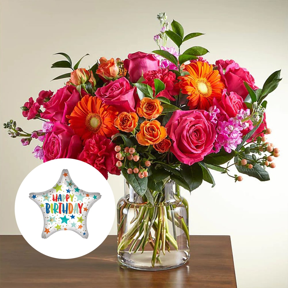 Bouquet Fiesta, Exhuberant + Ballon Star, Su Hermosa Mezcla De Flores Te Garantiza Un Ramo Único Cada Vez. Flores: Margaritas, Claveles, Nuestro Bouquet Fiesta Hará De Tu Ocasión Especial Un Momento Memorable. Flores De Cumpleaños, Margaritas, Claveles, Fresh Flowers Orlando, Florida, Delivery.
