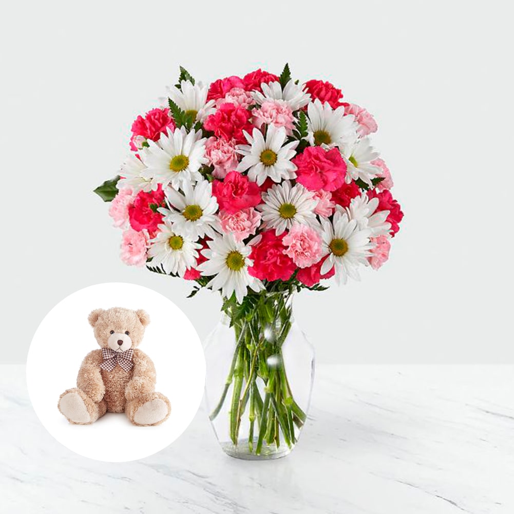 Amor en primavera + Teddy Bear, Fresh Flowers Orlando, Florist Regalo De Flores Para Toda Ocasión, Arreglo Flores Amor Primaveral, Claveles, Margaritas, es un hermoso regalo de aniversario, regalo de flores de cumpleaños.Floristería En Orlando, FL. Delivery