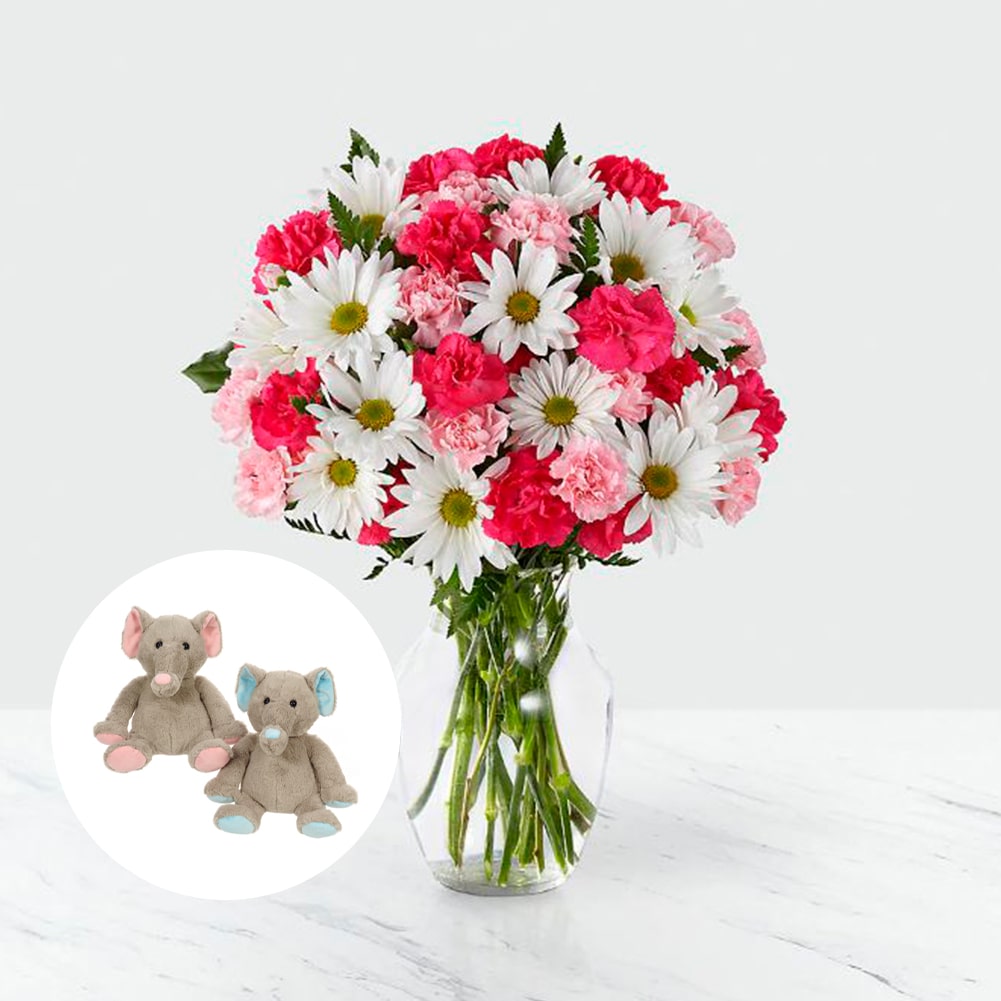 Amor en primavera + Teddy Elephant Medium Assorted, Fresh Flowers Orlando, Florist Regalo De Flores Para Toda Ocasión, Arreglo Flores Amor Primaveral, Claveles, Margaritas, es un hermoso regalo de aniversario, regalo de flores de cumpleaños.Floristería En Orlando, FL. Delivery