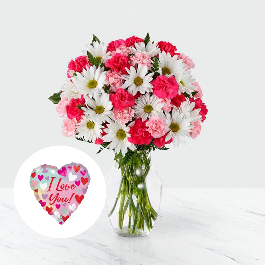 Amor en primavera + Heart Shaped Balloon, Fresh Flowers Orlando, Florist Regalo De Flores Para Toda Ocasión, Arreglo Flores Amor Primaveral, Claveles, Margaritas, es un hermoso regalo de aniversario, regalo de flores de cumpleaños.Floristería En Orlando, FL. Delivery
