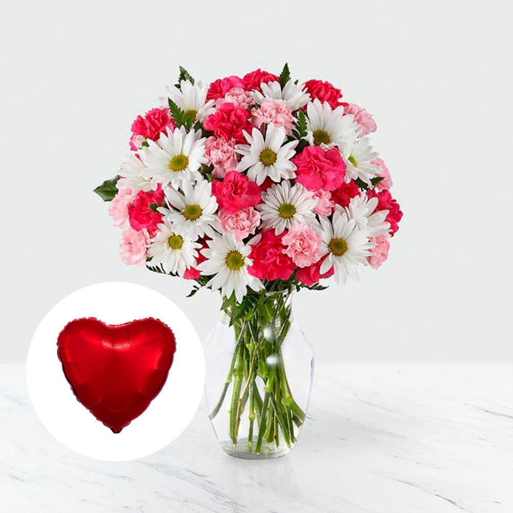 Amor en primavera + 18" Metallic Red Heart Flat, Fresh Flowers Orlando, Florist Regalo De Flores Para Toda Ocasión, Arreglo Flores Amor Primaveral, Claveles, Margaritas, es un hermoso regalo de aniversario, regalo de flores de cumpleaños.Floristería En Orlando, FL. Delivery