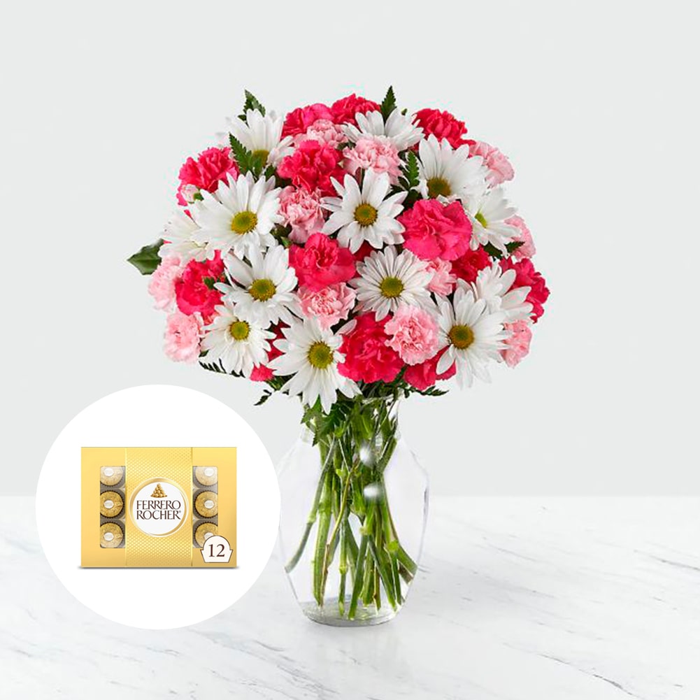 Amor en primavera + Ferrero Rocher x12 Unid, Fresh Flowers Orlando, Florist Regalo De Flores Para Toda Ocasión, Arreglo Flores Amor Primaveral, Claveles, Margaritas, es un hermoso regalo de aniversario, regalo de flores de cumpleaños.Floristería En Orlando, FL. Delivery