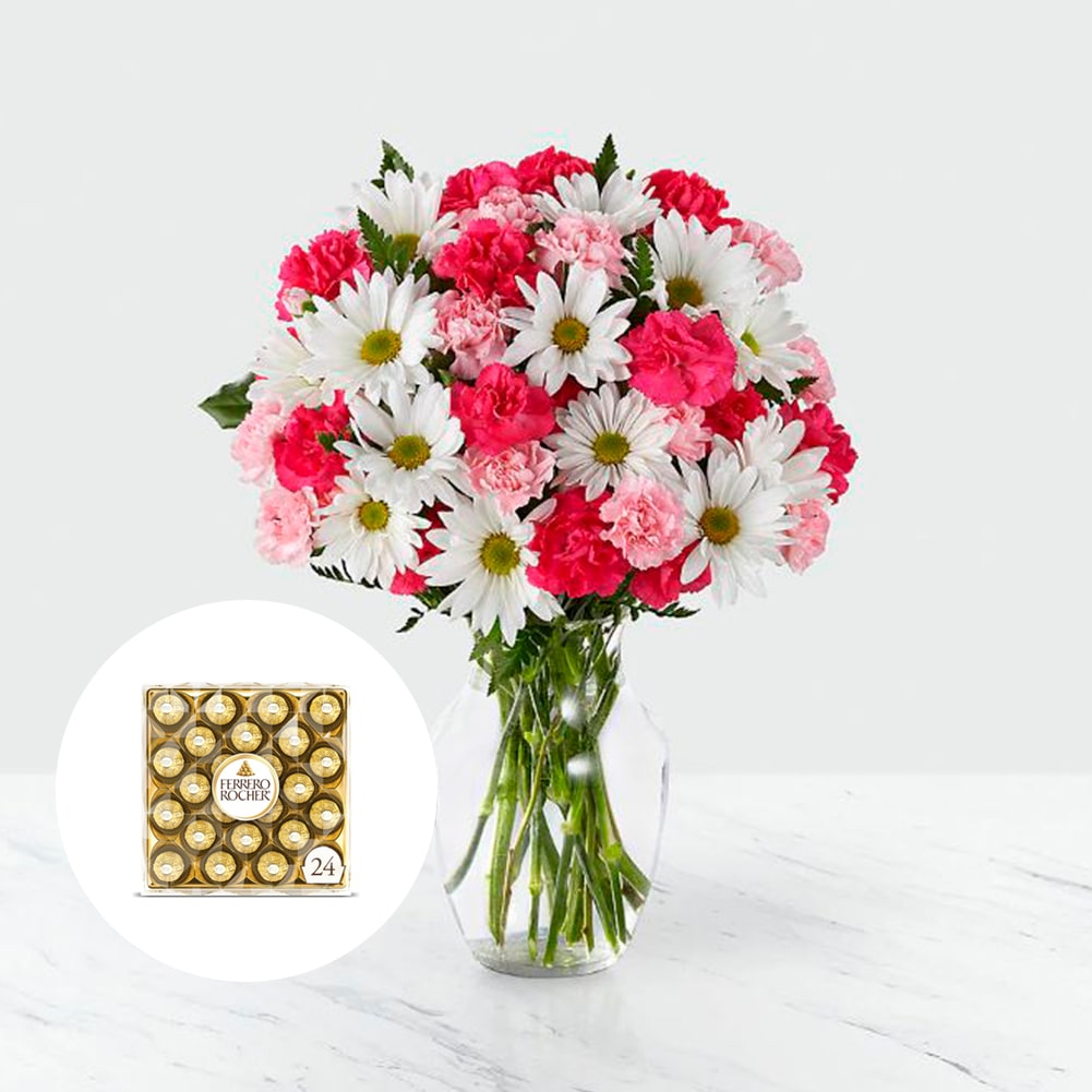 Amor en primavera + Ferrero Rocher x24 Unid, Fresh Flowers Orlando, Florist Regalo De Flores Para Toda Ocasión, Arreglo Flores Amor Primaveral, Claveles, Margaritas, es un hermoso regalo de aniversario, regalo de flores de cumpleaños.Floristería En Orlando, FL. Delivery