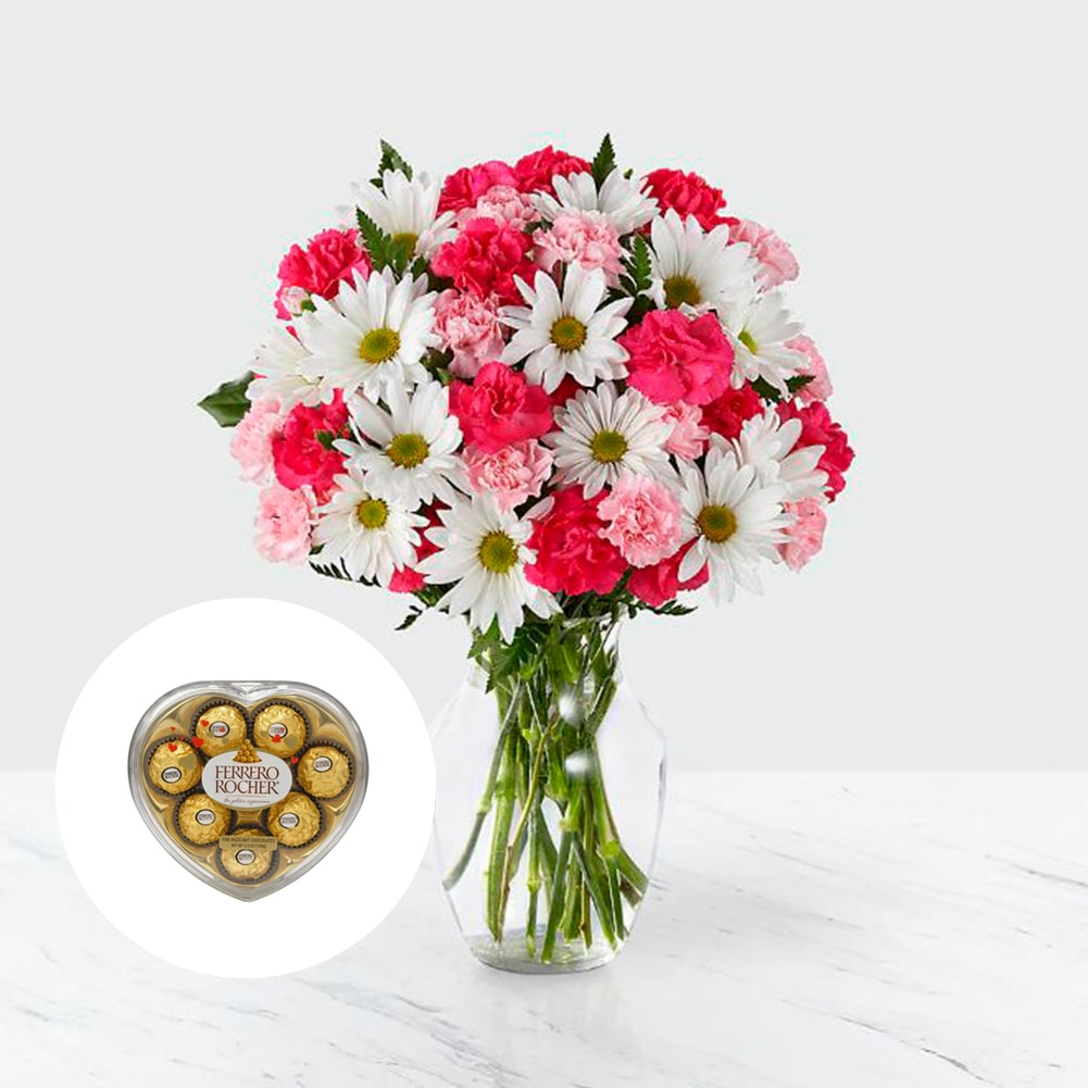 Amor en primavera + Ferrero Rocher x8 Unid Corazón, Fresh Flowers Orlando, Florist Regalo De Flores Para Toda Ocasión, Arreglo Flores Amor Primaveral, Claveles, Margaritas, es un hermoso regalo de aniversario, regalo de flores de cumpleaños.Floristería En Orlando, FL. Delivery