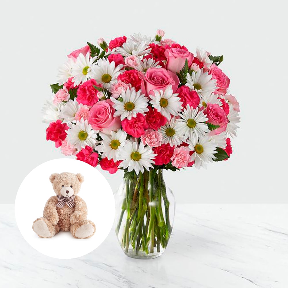Amor en primavera Sorprendente + Teddy Bear, Fresh Flowers Orlando, Florist Regalo De Flores Para Toda Ocasión, Arreglo Flores Amor Primaveral, Claveles, Margaritas, es un hermoso regalo de aniversario, regalo de flores de cumpleaños.Floristería En Orlando, FL. Delivery