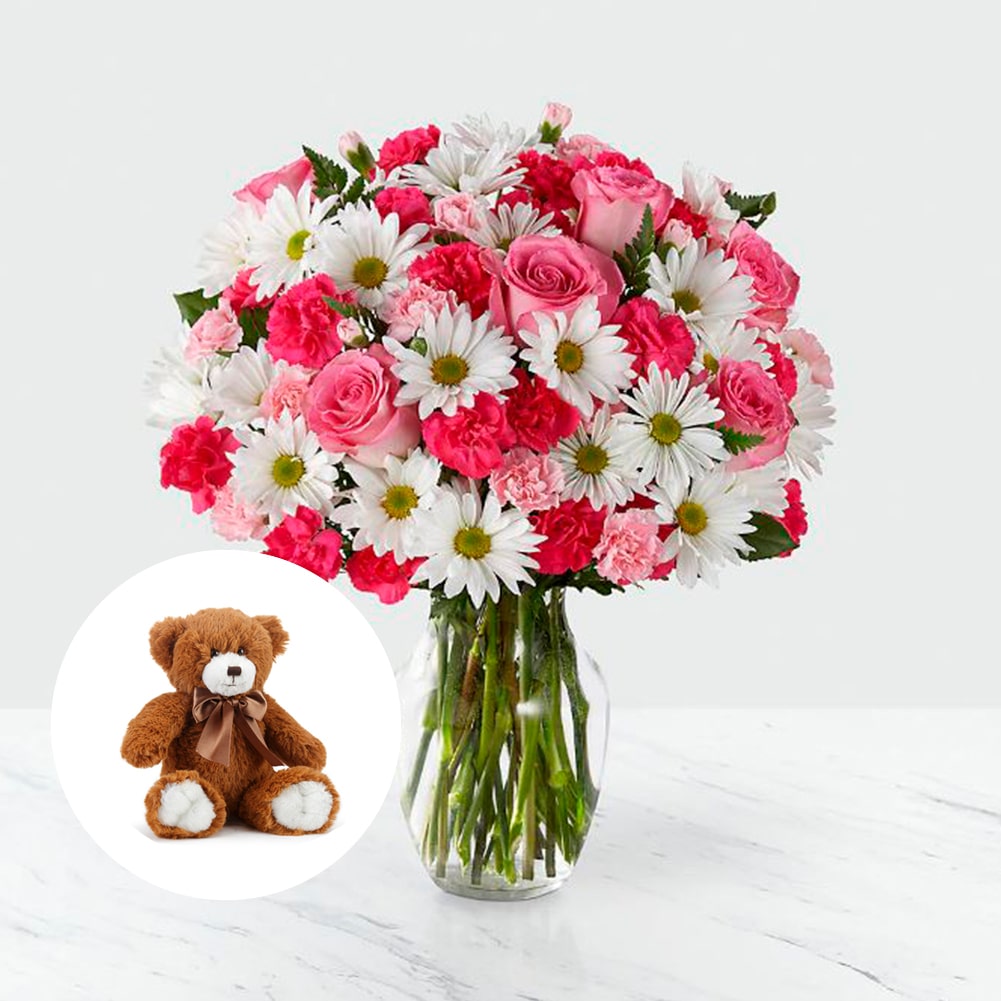 Amor en primavera Sorprendente + Small Honey Bear, Fresh Flowers Orlando, Florist Regalo De Flores Para Toda Ocasión, Arreglo Flores Amor Primaveral, Claveles, Margaritas, es un hermoso regalo de aniversario, regalo de flores de cumpleaños.Floristería En Orlando, FL. Delivery