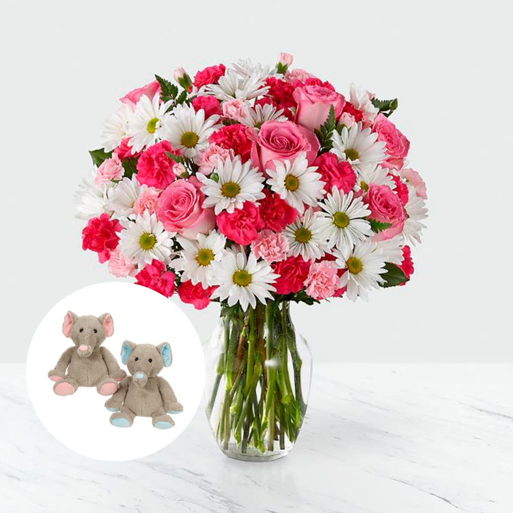 Amor en primavera Sorprendente + Teddy Elephant Medium Assorted, Fresh Flowers Orlando, Florist Regalo De Flores Para Toda Ocasión, Arreglo Flores Amor Primaveral, Claveles, Margaritas, es un hermoso regalo de aniversario, regalo de flores de cumpleaños.Floristería En Orlando, FL. Delivery