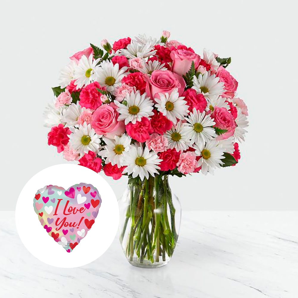 Amor en primavera Sorprendente + Heart Shaped Balloon, Fresh Flowers Orlando, Florist Regalo De Flores Para Toda Ocasión, Arreglo Flores Amor Primaveral, Claveles, Margaritas, es un hermoso regalo de aniversario, regalo de flores de cumpleaños.Floristería En Orlando, FL. Delivery