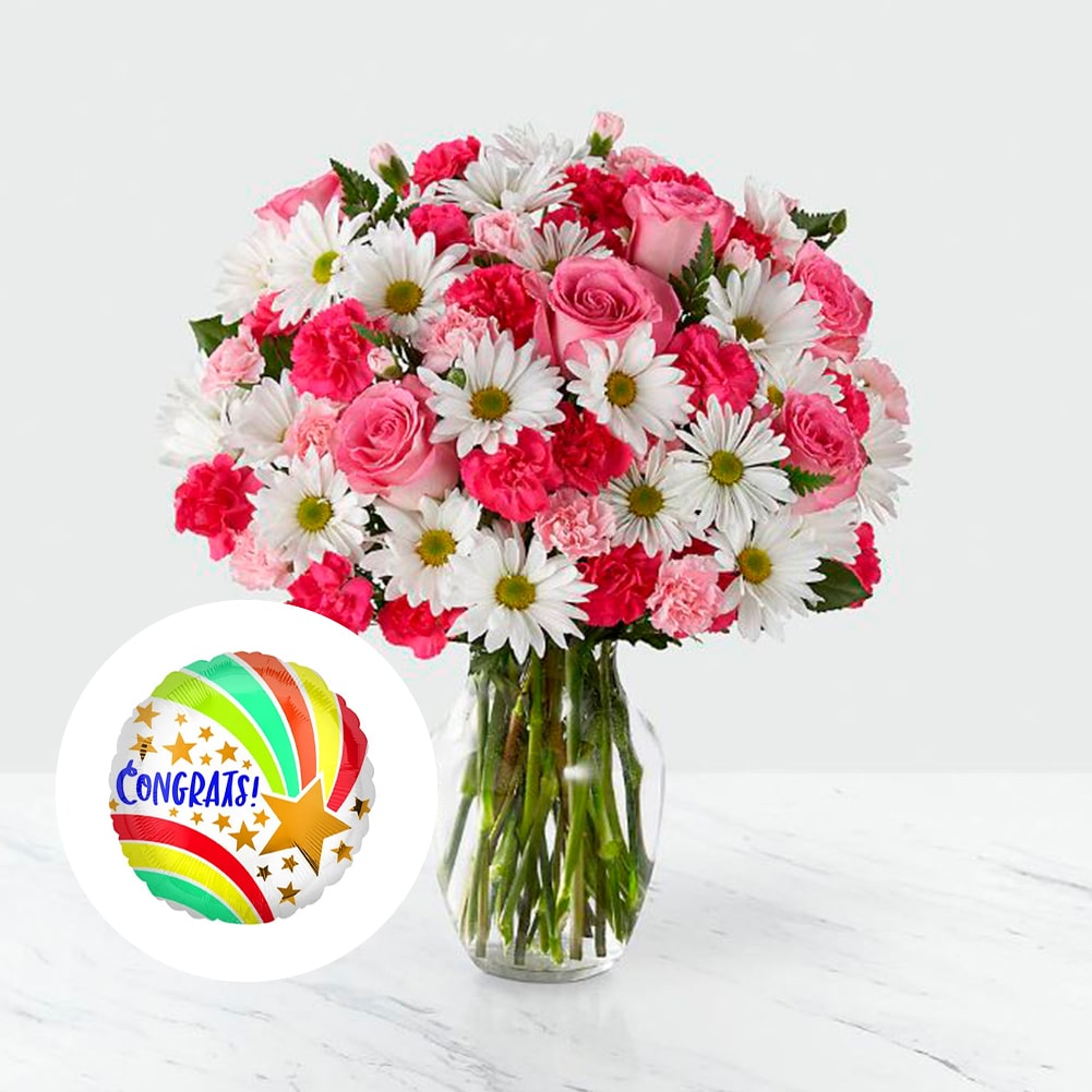 Amor en primavera Sorprendente + Congrats Shooting Star, Fresh Flowers Orlando, Florist Regalo De Flores Para Toda Ocasión, Arreglo Flores Amor Primaveral, Claveles, Margaritas, es un hermoso regalo de aniversario, regalo de flores de cumpleaños.Floristería En Orlando, FL. Delivery