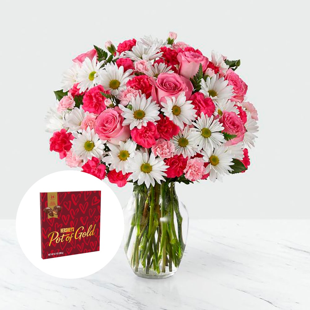 Amor en primavera Sorprendente + Hershey´s Pot of Gold, Fresh Flowers Orlando, Florist Regalo De Flores Para Toda Ocasión, Arreglo Flores Amor Primaveral, Claveles, Margaritas, es un hermoso regalo de aniversario, regalo de flores de cumpleaños.Floristería En Orlando, FL. Delivery