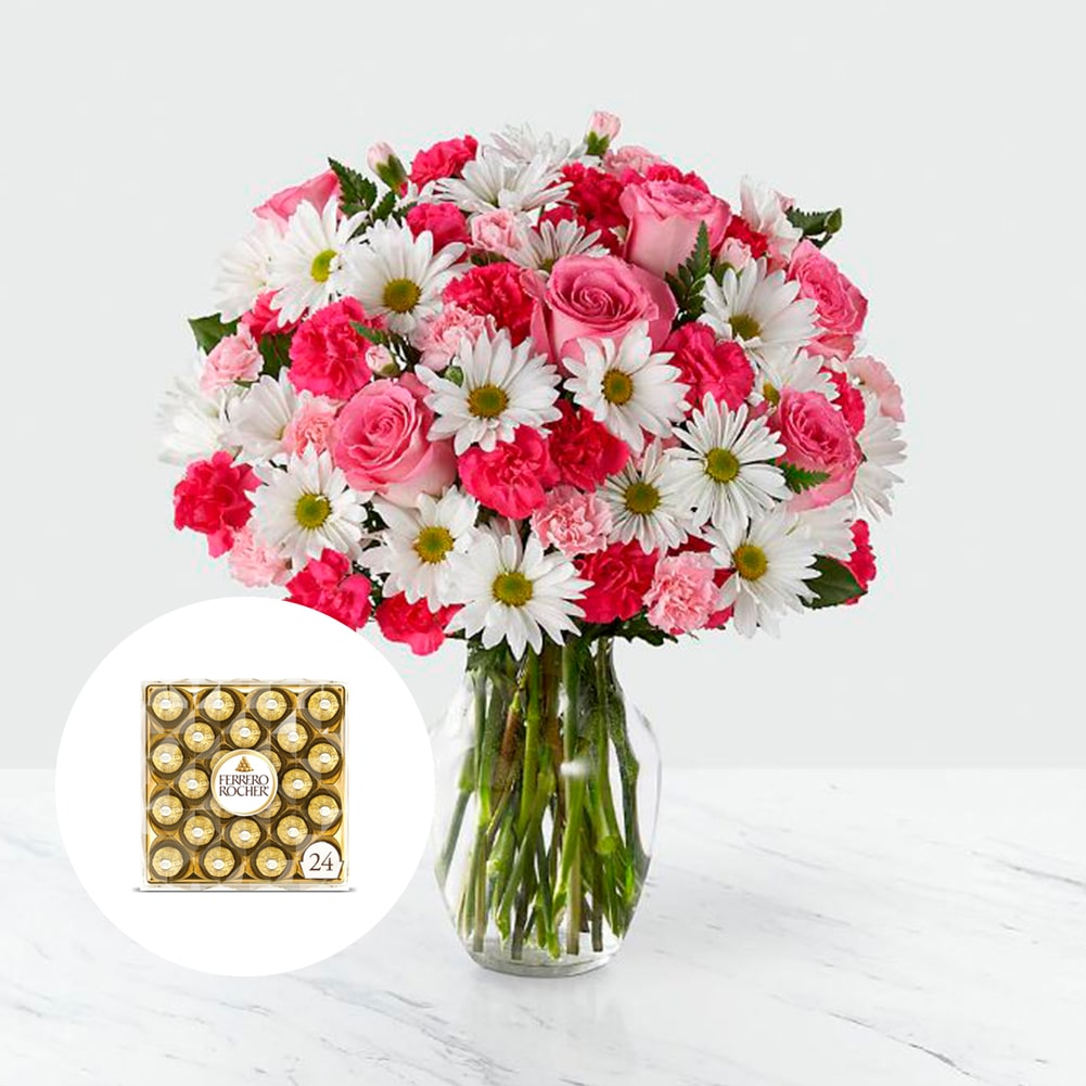 Amor en primavera Sorprendente + Ferrero Rocher x24 Unid, Fresh Flowers Orlando, Florist Regalo De Flores Para Toda Ocasión, Arreglo Flores Amor Primaveral, Claveles, Margaritas, es un hermoso regalo de aniversario, regalo de flores de cumpleaños.Floristería En Orlando, FL. Delivery