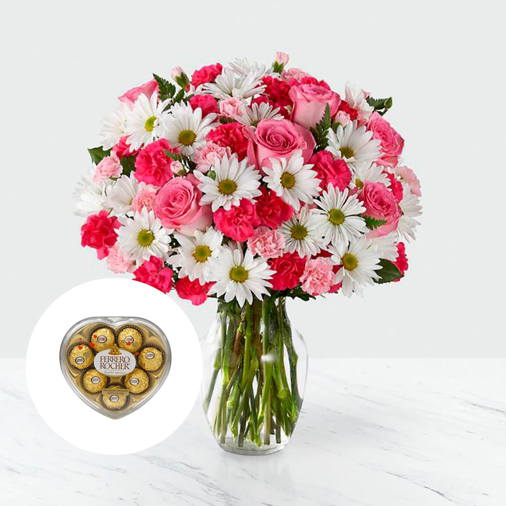 Amor en primavera Sorprendente + Ferrero Rocher x8 Unid Corazón, Fresh Flowers Orlando, Florist Regalo De Flores Para Toda Ocasión, Arreglo Flores Amor Primaveral, Claveles, Margaritas, es un hermoso regalo de aniversario, regalo de flores de cumpleaños.Floristería En Orlando, FL. Delivery