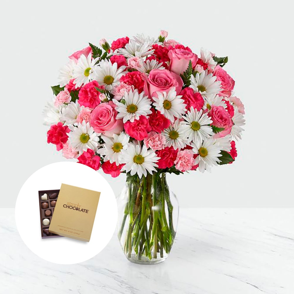 Amor en primavera Sorprendente + Simply Chocolate Gold Box, Fresh Flowers Orlando, Florist Regalo De Flores Para Toda Ocasión, Arreglo Flores Amor Primaveral, Claveles, Margaritas, es un hermoso regalo de aniversario, regalo de flores de cumpleaños.Floristería En Orlando, FL. Delivery