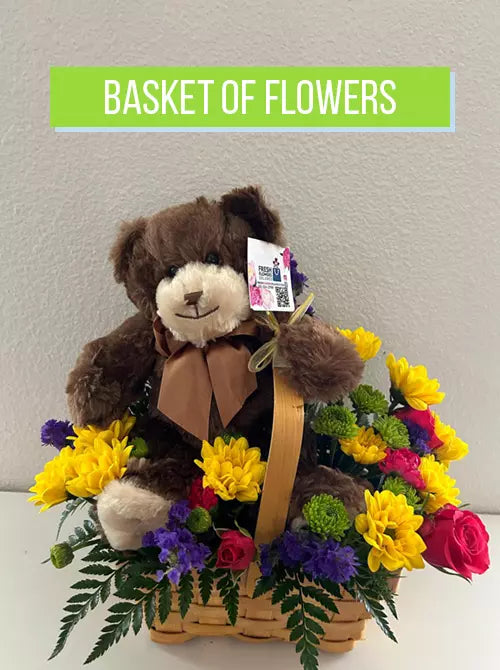 Basket of flowers and teddy bear, Fresh Flowers Orlando