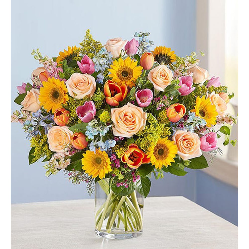 Primavera: Rosas, Tulipanes, Girasoles, Spring: Roses, Tulips, Sunflowers, Floral Arrangement In Transparent Vase, Anniversary Flowers, Home Deco. Primavera: Rosas, Tulipanes, Girasoles, Arreglo Floral En Jarrón Transparente, Flores Aniversario, Decoración Hogar. Fresh Flowers Orlando, Florist. Eshuberant