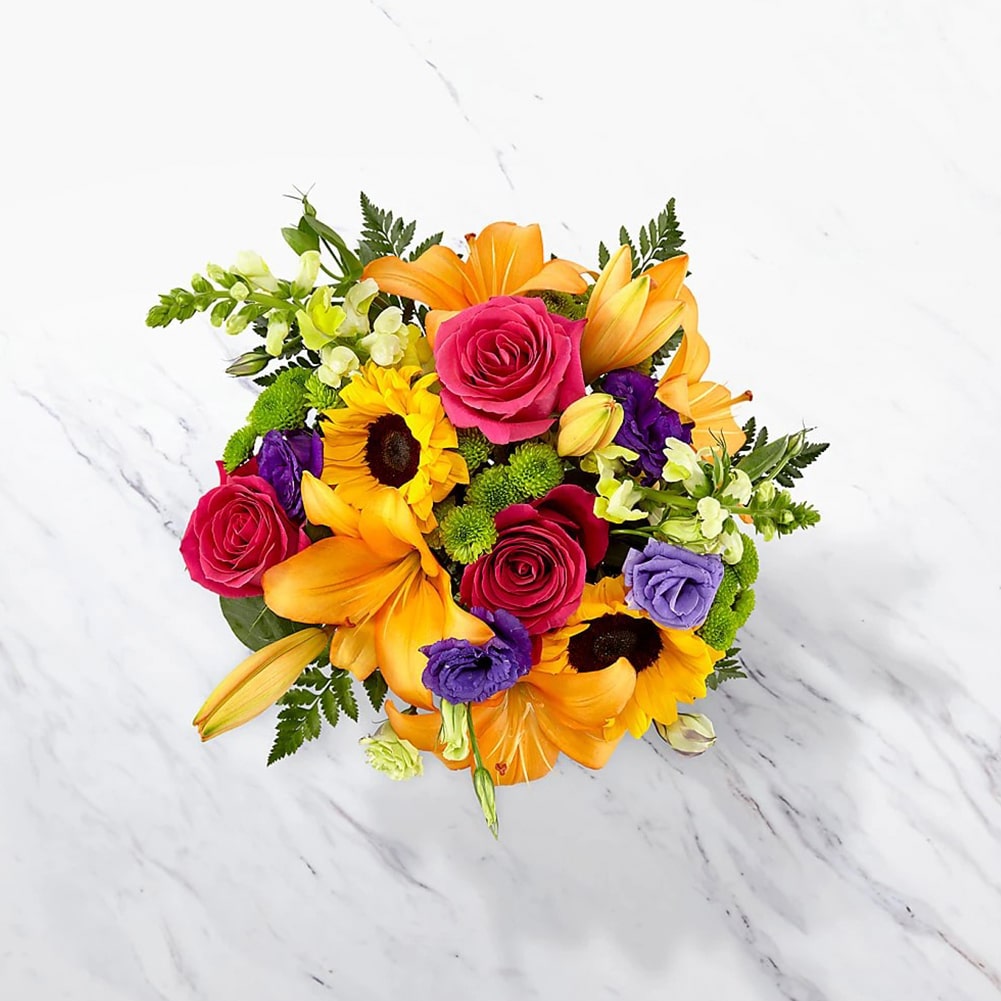 Best Day, A mix of roses, lilies, snapdragons and button pompons makes this day, their best day. Fresh Flowers Orlando.