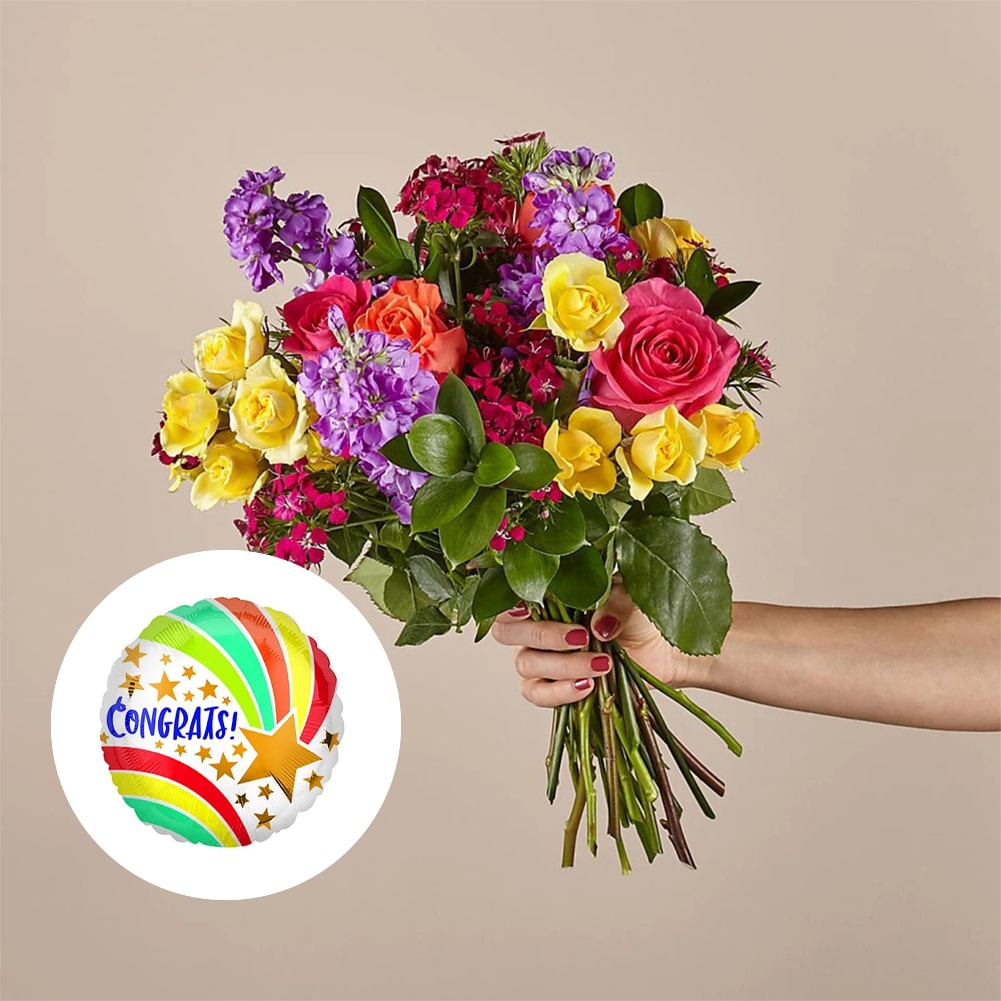 Bouquet of Love in Spring + Congrats Shooting Star, Home decoration with roses and carnations, it is a beautiful gift for anniversary, flower gift for birthday, flowers for all occasions and decoration, Fresh Flowers Orlando.