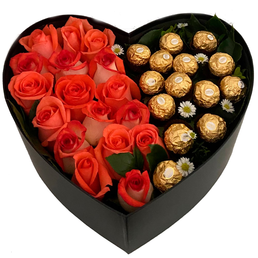 Luxury heart-shaped box, contains 12 roses in assorted colors (pink, pink, white, assorted colors available) and Ferrero chocolate, birthday gift, anniversary, celebration. Encuentralo Disponible En Fresh Flowers Orlando.