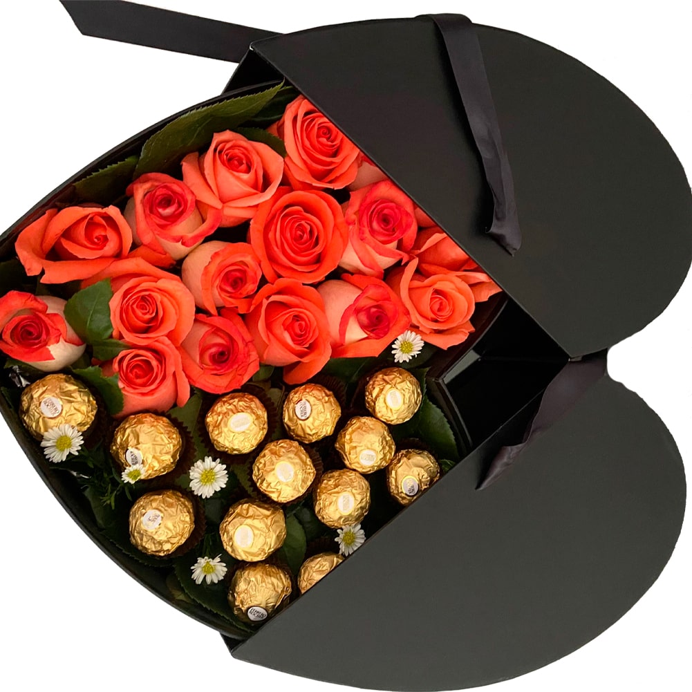 Luxury heart-shaped box, contains 12 roses in assorted colors (pink, pink, white, assorted colors available) and Ferrero chocolate, birthday gift, anniversary, celebration. Encuentralo Disponible En Fresh Flowers Orlando.