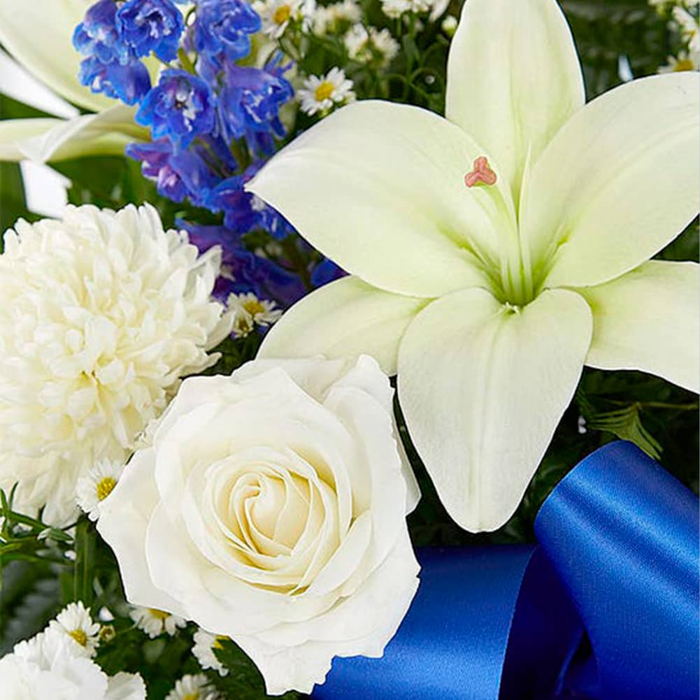 Pedestal Funeral + Basket, Fresh Flowers Orlando. Standing basket arrangement with white roses, Asiatic lilies, football mums, snapdragons, carnations and monte casino; blue delphinium; accented with soft, lush greenery and blue bow. Arreglo en canasta para base alta con rosas blancas, lirios asiáticos, crisantemos, boca de dragón, claveles y monte casino; blue delphinium; decoradodo con vegetación en tonos verdes suaves y lazo azul.