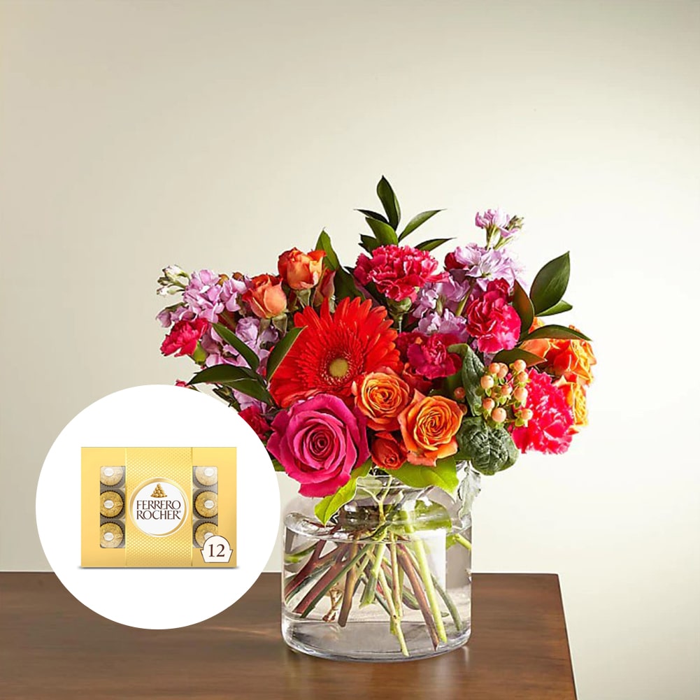 Bouquet Fiesta, Premium + Chocolate Ferrero Rocher x12 unidades, Su Hermosa Mezcla De Flores Te Garantiza Un Ramo Único Cada Vez. Flores: Margaritas, Claveles, Nuestro Bouquet Fiesta Hará De Tu Ocasión Especial Un Momento Memorable. Flores De Cumpleaños, Margaritas, Claveles, Fresh Flowers Orlando, Florida, Delivery.