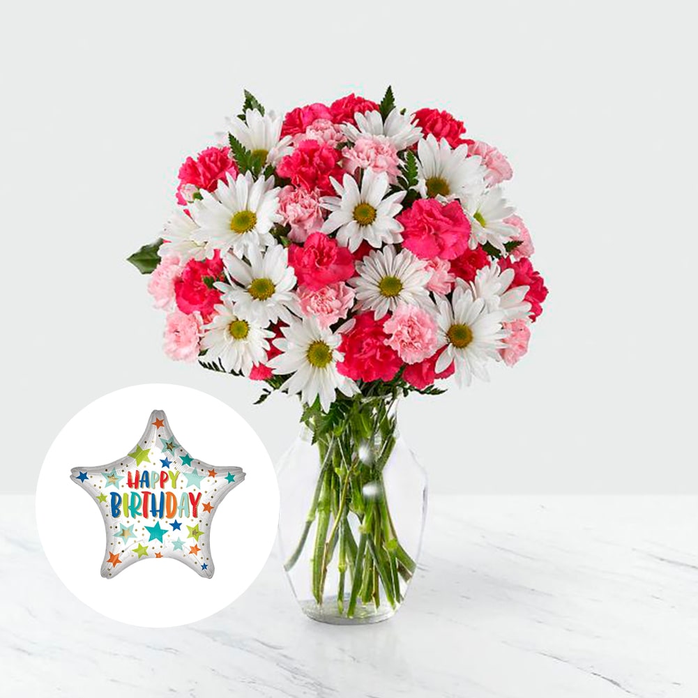 Amor en primavera + Happy Birthday Stars &amp; Dots Assorted, Fresh Flowers Orlando, Florist Regalo De Flores Para Toda Ocasión, Arreglo Flores Amor Primaveral, Claveles, Margaritas, es un hermoso regalo de aniversario, regalo de flores de cumpleaños.Floristería En Orlando, FL. Delivery