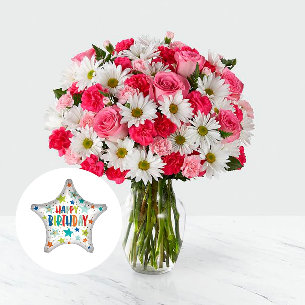 Amor en primavera Sorprendente + Happy Birthday Stars &amp; Dots Assorted, Fresh Flowers Orlando, Florist Regalo De Flores Para Toda Ocasión, Arreglo Flores Amor Primaveral, Claveles, Margaritas, es un hermoso regalo de aniversario, regalo de flores de cumpleaños.Floristería En Orlando, FL. Delivery
