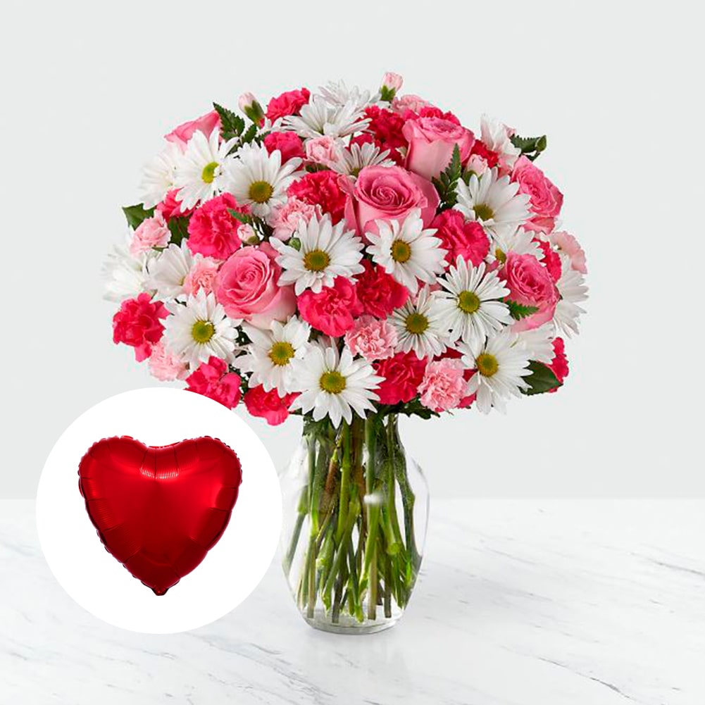 Amor en primavera Sorprendente + 18" Metallic Red Heart Flat, Fresh Flowers Orlando, Florist Regalo De Flores Para Toda Ocasión, Arreglo Flores Amor Primaveral, Claveles, Margaritas, es un hermoso regalo de aniversario, regalo de flores de cumpleaños.Floristería En Orlando, FL. Delivery