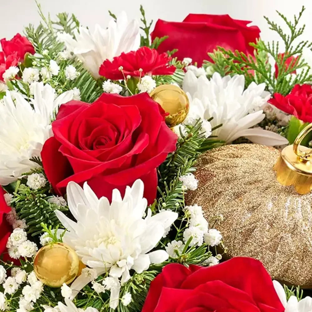 Holiday Ornament with a Sparkle, Red Roses And Mini Carnations, White Cushion Poms, Christmas Flower Arrangement For The Home, Delivery in Orlando FL, Florist. Fresh Flowers Orlando