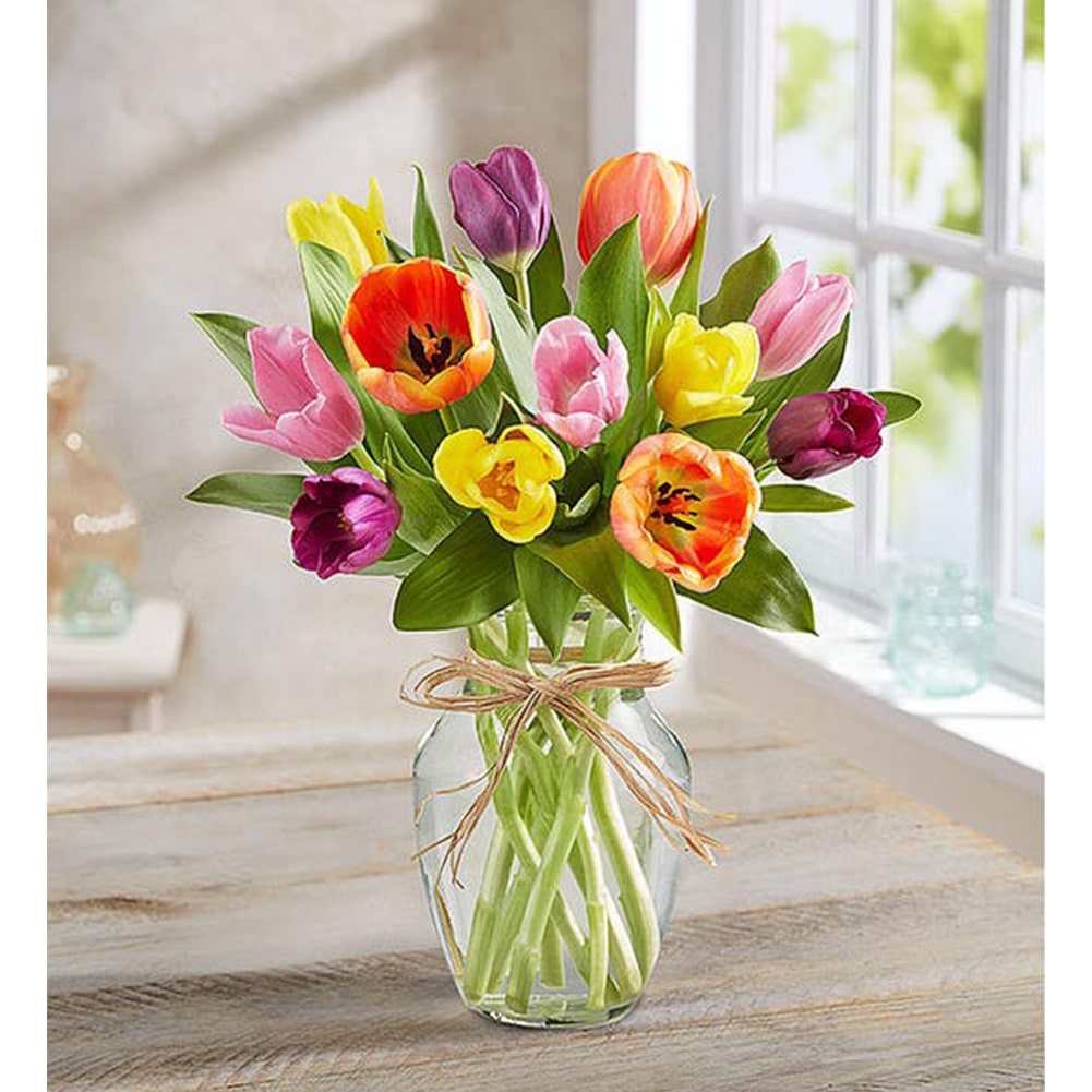 Primavera con Tulipanes: Arreglo Con 10 Tulipanes Colores + Jarrón Transparente, Decoración Hogar. Spring with Tulips: Arrangement With 10, 15 or 20 Colored Tulips + Transparent Vase, Home Decoration. Fresh Flowers Orlando, Florist