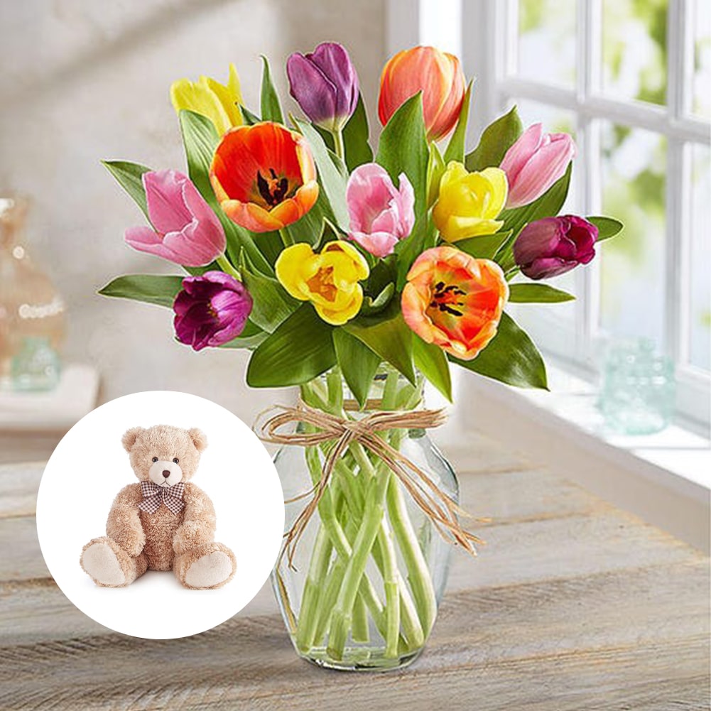 Primavera con Tulipanes: Arreglo Con 10 Tulipanes Colores + Jarrón Transparente, Decoración Hogar. Spring with Tulips: Arrangement With 10, 15 or 20 Colored Tulips + Transparent Vase, Home Decoration. Fresh Flowers Orlando, Florist