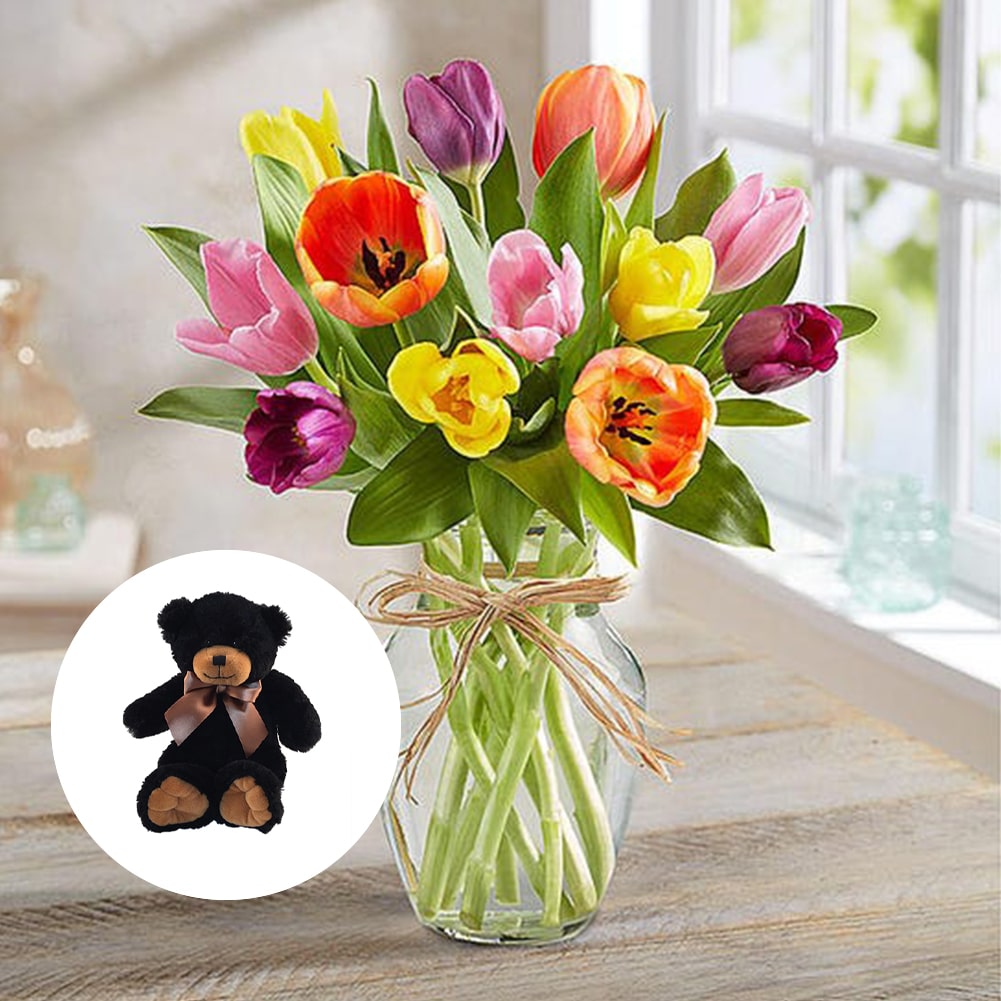 Primavera con Tulipanes: Arreglo Con 10 Tulipanes Colores + Jarrón Transparente, Decoración Hogar. Spring with Tulips: Arrangement With 10, 15 or 20 Colored Tulips + Transparent Vase, Home Decoration. Fresh Flowers Orlando, Florist