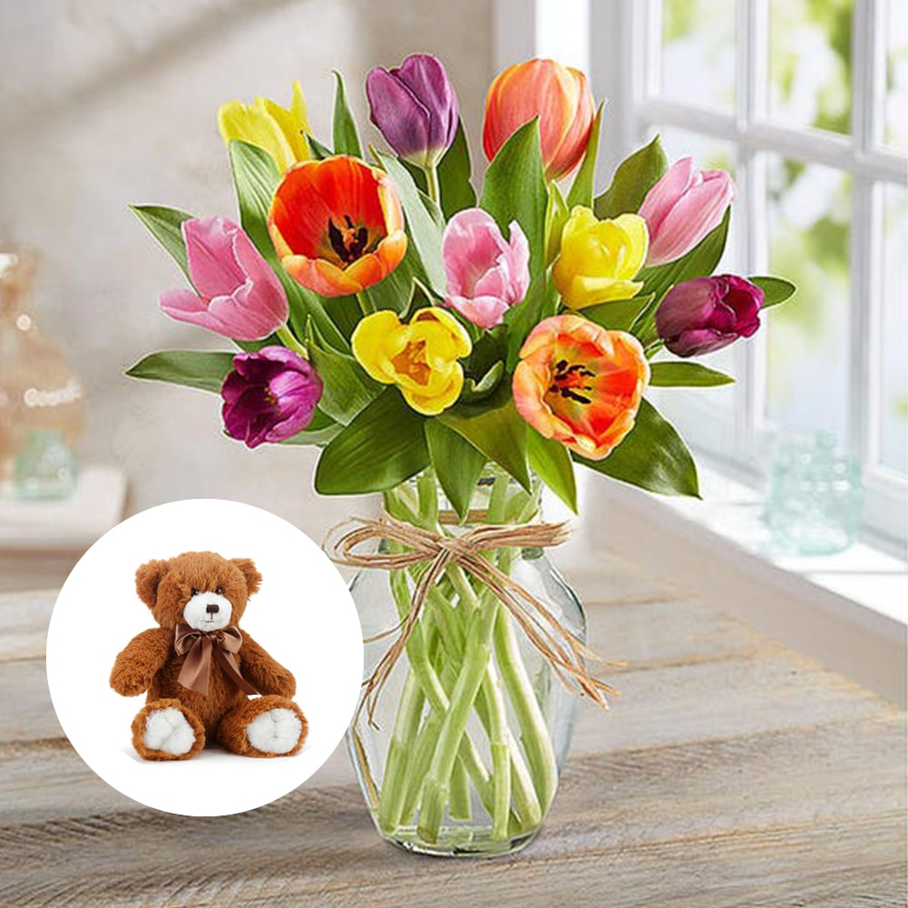 Primavera con Tulipanes: Arreglo Con 10 Tulipanes Colores + Jarrón Transparente, Decoración Hogar. Spring with Tulips: Arrangement With 10, 15 or 20 Colored Tulips + Transparent Vase, Home Decoration. Fresh Flowers Orlando, Florist