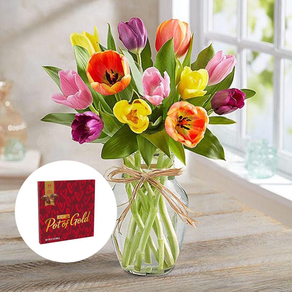 Primavera con Tulipanes: Arreglo Con 10 Tulipanes Colores + Jarrón Transparente, Decoración Hogar. Spring with Tulips: Arrangement With 10, 15 or 20 Colored Tulips + Transparent Vase, Home Decoration. Fresh Flowers Orlando, Florist