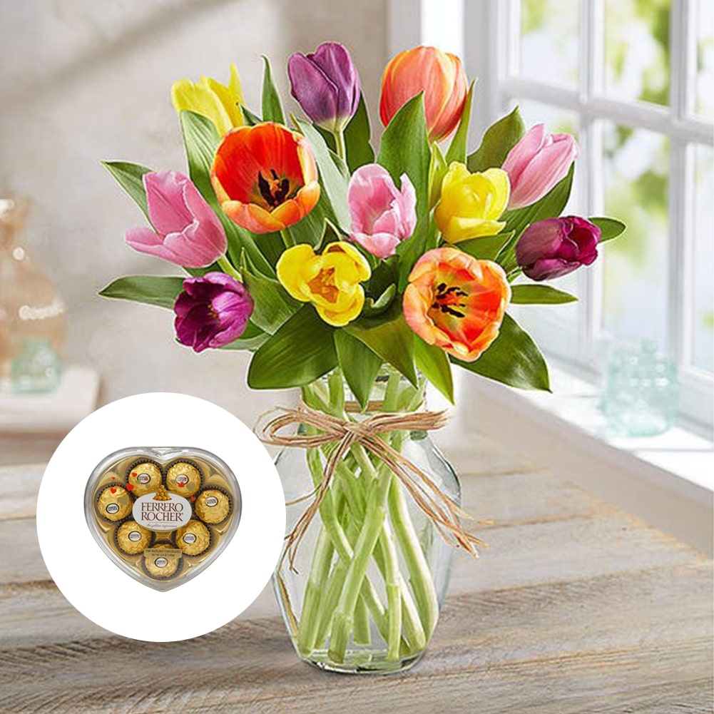 Primavera con Tulipanes: Arreglo Con 10 Tulipanes Colores + Jarrón Transparente, Decoración Hogar. Spring with Tulips: Arrangement With 10, 15 or 20 Colored Tulips + Transparent Vase, Home Decoration. Fresh Flowers Orlando, Florist