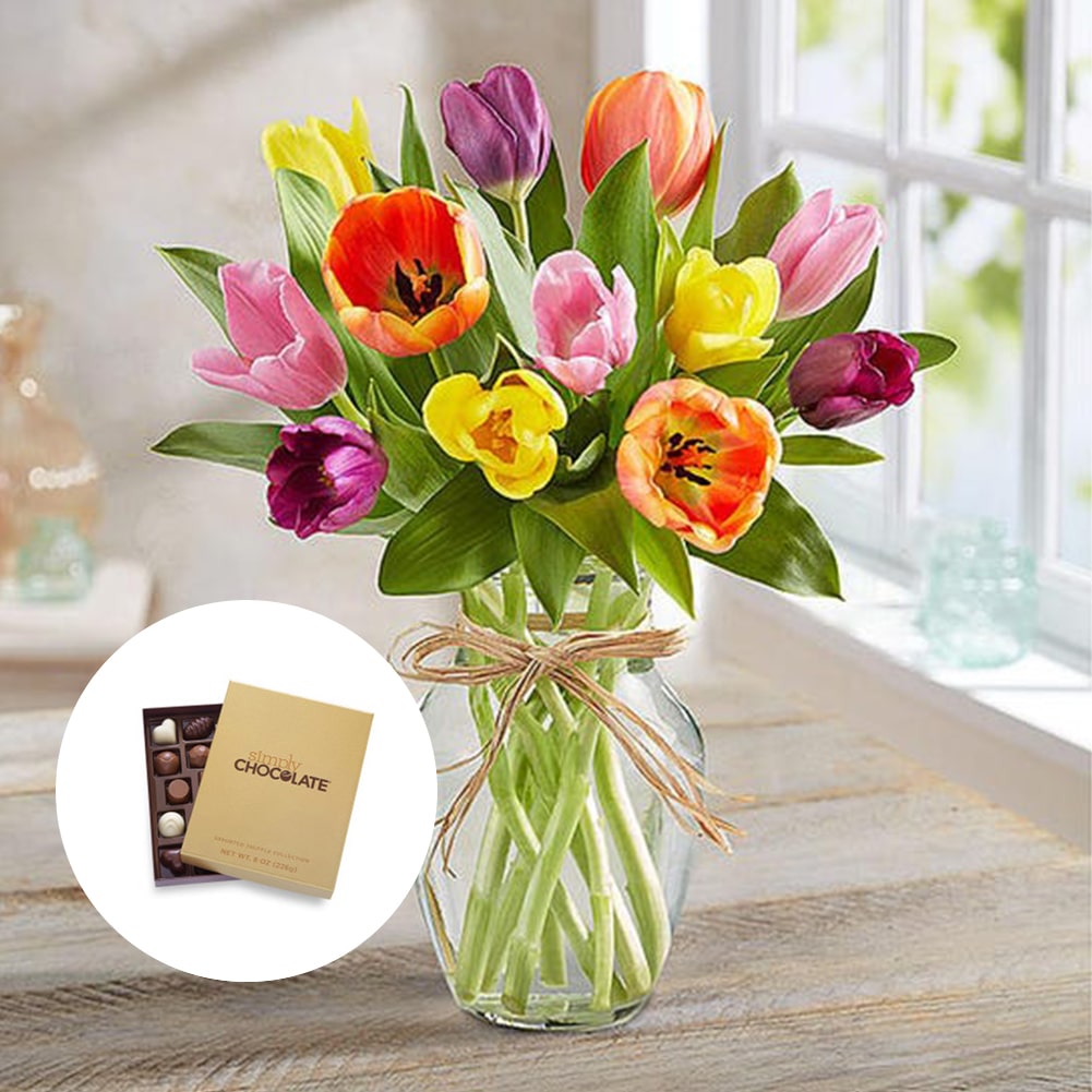 Primavera con Tulipanes: Arreglo Con 10 Tulipanes Colores + Jarrón Transparente, Decoración Hogar. Spring with Tulips: Arrangement With 10, 15 or 20 Colored Tulips + Transparent Vase, Home Decoration. Fresh Flowers Orlando, Florist