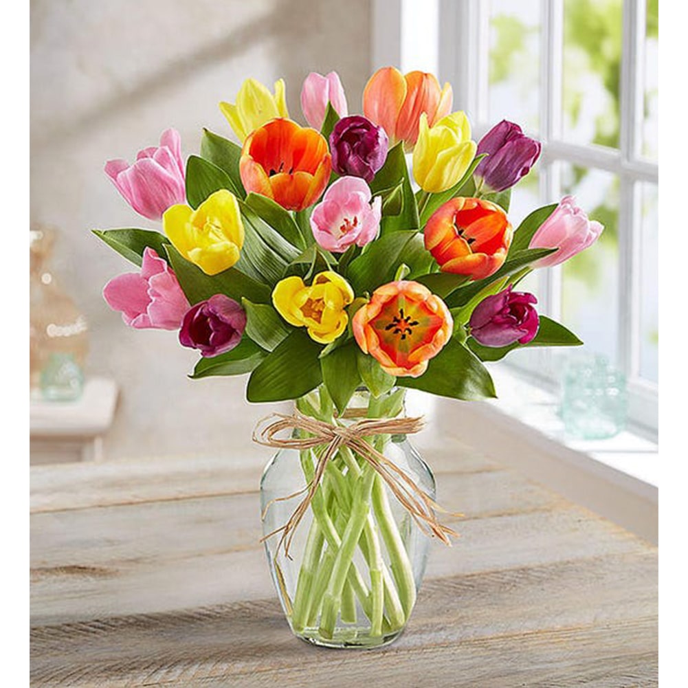 Primavera con Tulipanes: Arreglo Con 15 Tulipanes Colores + Jarrón Transparente, Decoración Hogar. Spring with Tulips: Arrangement With 10, 15 or 20 Colored Tulips + Transparent Vase, Home Decoration. Fresh Flowers Orlando, Florist