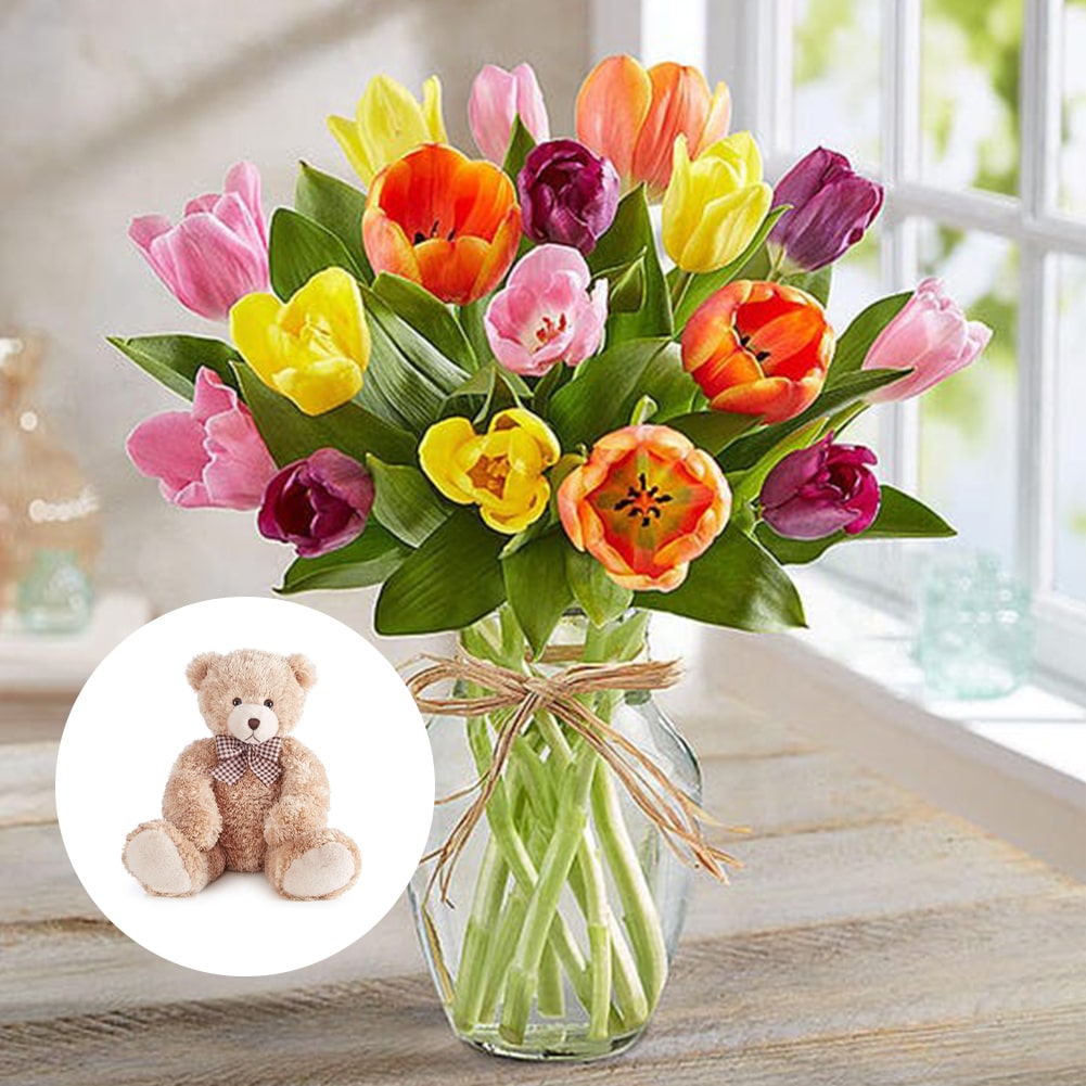 Primavera con Tulipanes: Arreglo Con 15 Tulipanes Colores + Jarrón Transparente, Decoración Hogar. Spring with Tulips: Arrangement With 10, 15 or 20 Colored Tulips + Transparent Vase, Home Decoration. Fresh Flowers Orlando, Florist