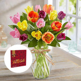Primavera con Tulipanes: Arreglo Con 15 Tulipanes Colores + Jarrón Transparente, Decoración Hogar. Spring with Tulips: Arrangement With 10, 15 or 20 Colored Tulips + Transparent Vase, Home Decoration. Fresh Flowers Orlando, Florist