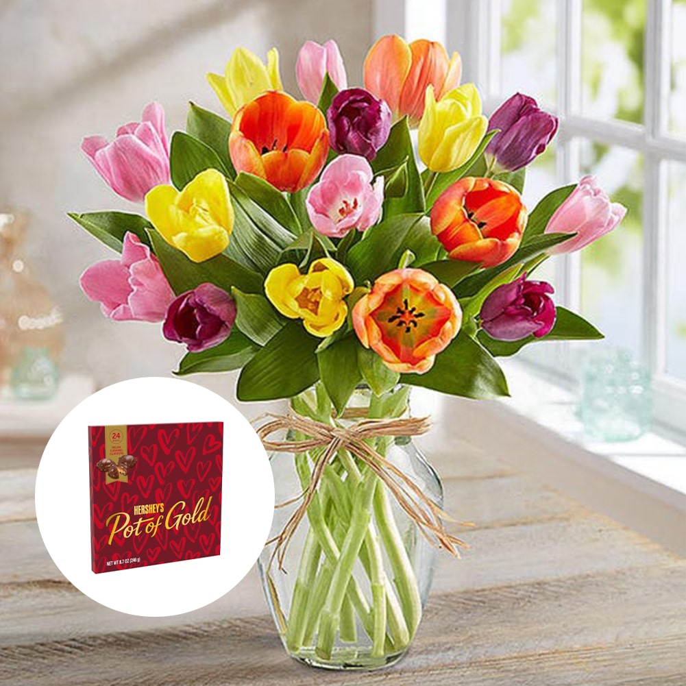 Primavera con Tulipanes: Arreglo Con 15 Tulipanes Colores + Jarrón Transparente, Decoración Hogar. Spring with Tulips: Arrangement With 10, 15 or 20 Colored Tulips + Transparent Vase, Home Decoration. Fresh Flowers Orlando, Florist