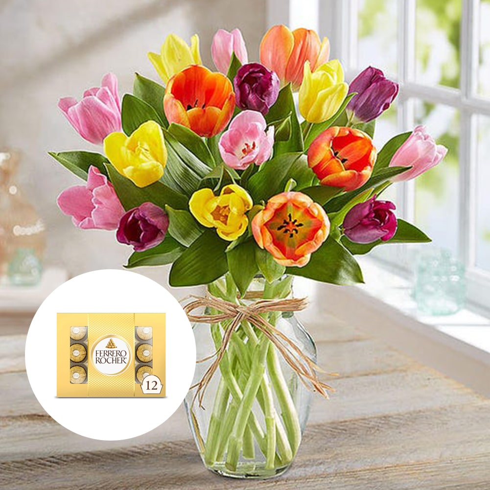 Primavera con Tulipanes: Arreglo Con 15 Tulipanes Colores + Jarrón Transparente, Decoración Hogar. Spring with Tulips: Arrangement With 10, 15 or 20 Colored Tulips + Transparent Vase, Home Decoration. Fresh Flowers Orlando, Florist