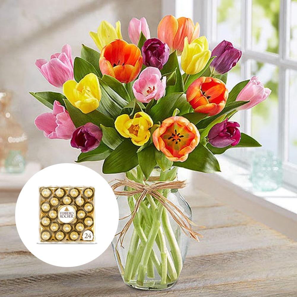 Primavera con Tulipanes: Arreglo Con 15 Tulipanes Colores + Jarrón Transparente, Decoración Hogar. Spring with Tulips: Arrangement With 10, 15 or 20 Colored Tulips + Transparent Vase, Home Decoration. Fresh Flowers Orlando, Florist