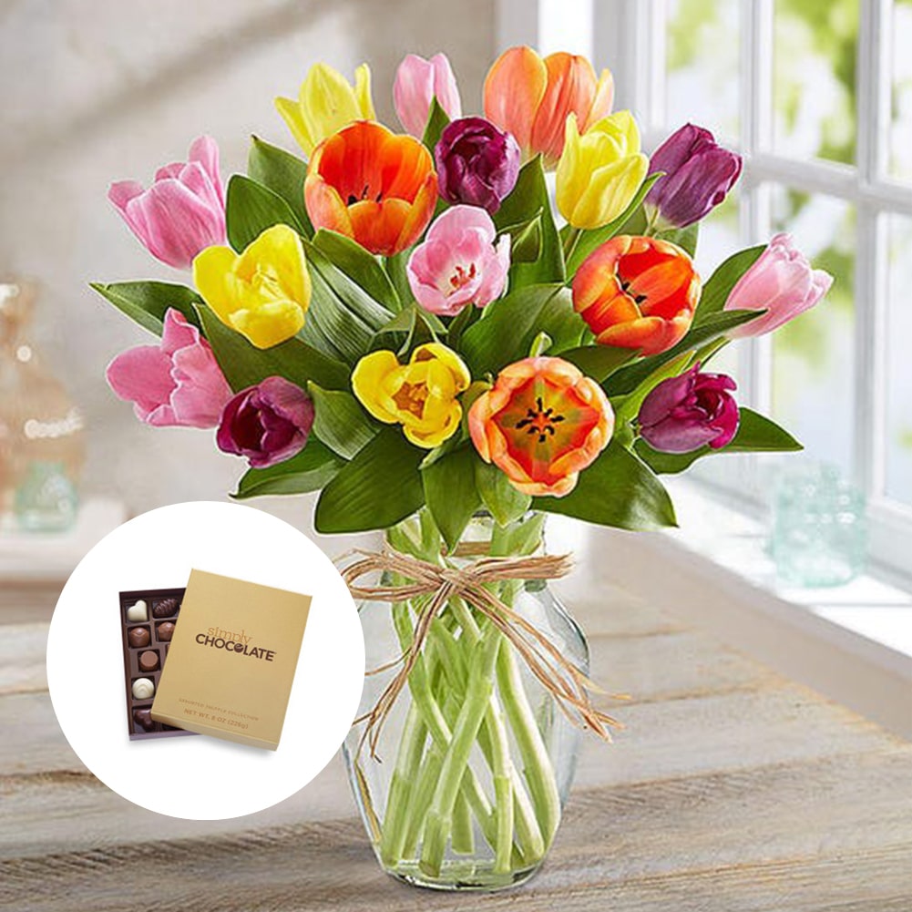 Primavera con Tulipanes: Arreglo Con 15 Tulipanes Colores + Jarrón Transparente, Decoración Hogar. Spring with Tulips: Arrangement With 10, 15 or 20 Colored Tulips + Transparent Vase, Home Decoration. Fresh Flowers Orlando, Florist