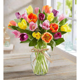 Primavera con Tulipanes: Arreglo Con 20 Tulipanes Colores + Jarrón Transparente, Decoración Hogar. Spring with Tulips: Arrangement With 10, 15 or 20 Colored Tulips + Transparent Vase, Home Decoration. Fresh Flowers Orlando, Florist