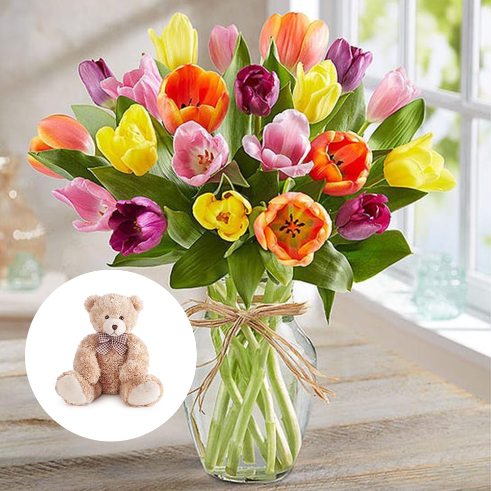 Primavera con Tulipanes: Arreglo Con 20 Tulipanes Colores + Jarrón Transparente, Decoración Hogar. Spring with Tulips: Arrangement With 10, 15 or 20 Colored Tulips + Transparent Vase, Home Decoration. Fresh Flowers Orlando, Florist