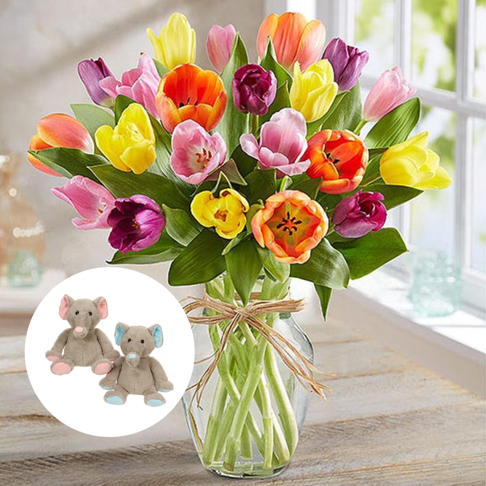 Primavera con Tulipanes: Arreglo Con 20 Tulipanes Colores + Jarrón Transparente, Decoración Hogar. Spring with Tulips: Arrangement With 10, 15 or 20 Colored Tulips + Transparent Vase, Home Decoration. Fresh Flowers Orlando, Florist