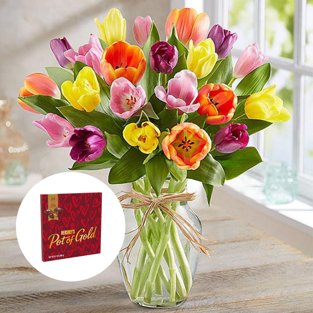 Primavera con Tulipanes: Arreglo Con 20 Tulipanes Colores + Jarrón Transparente, Decoración Hogar. Spring with Tulips: Arrangement With 10, 15 or 20 Colored Tulips + Transparent Vase, Home Decoration. Fresh Flowers Orlando, Florist