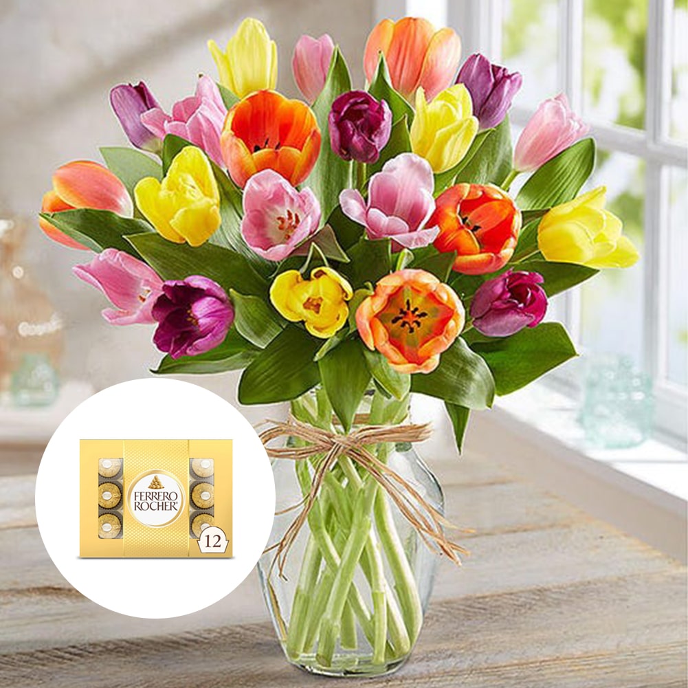 Primavera con Tulipanes: Arreglo Con 20 Tulipanes Colores + Jarrón Transparente, Decoración Hogar. Spring with Tulips: Arrangement With 10, 15 or 20 Colored Tulips + Transparent Vase, Home Decoration. Fresh Flowers Orlando, Florist